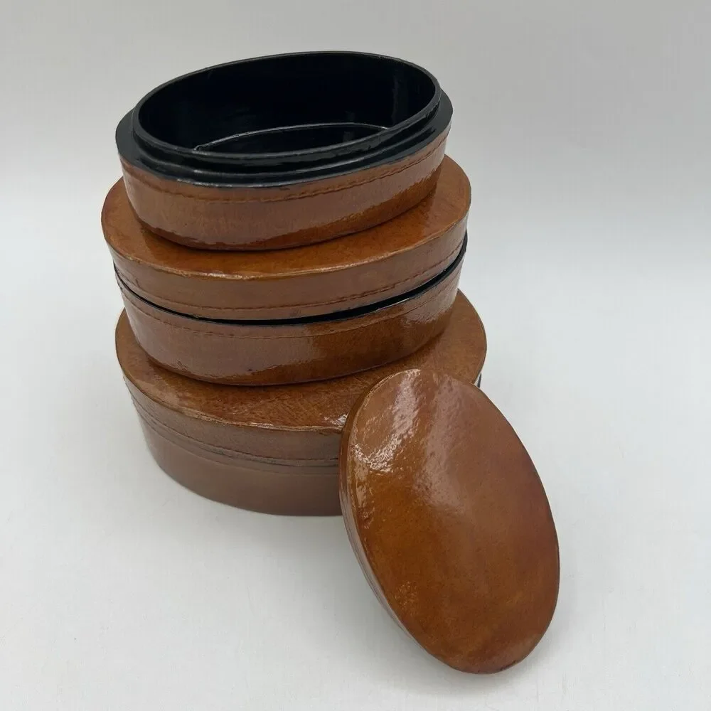 Set 3 Brown Oval Lacquer Nesting Trinket Boxes 5.25